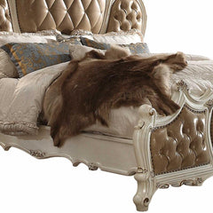 Queen Tufted Beige Upholstered Faux Leather Bed with Nailhead Trim featuring elegant detailing and a luxurious design.