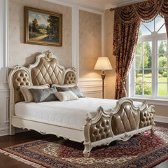 Queen Tufted Beige Upholstered Faux Leather Bed With Nailhead Trim