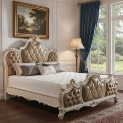 Queen tufted beige upholstered faux leather bed with nailhead trim, featuring an ornate headboard and elegant design.