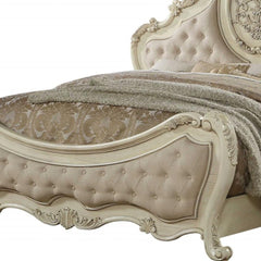 Antiqued White Solid Wood Tufted Upholstered Linen Bed Frame with elegant detailing and plush fabric.