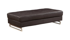 63" Brown and Silver Faux Leather Tufted Ottoman with a sleek design and modern metal legs, perfect for any living space.