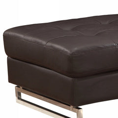 63" Brown and Silver Faux Leather Tufted Ottoman with a sleek design and modern silver base, featuring a plush tufted top.