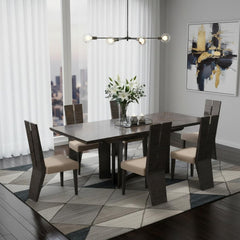 Seven Piece Gray Dining Set with Six Chairs featuring a modern table, upholstered chairs, and stylish decor in a bright room.