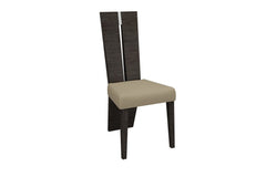 Gray dining chair with a modern design featuring a sleek backrest and a beige upholstered seat. Part of a seven-piece dining 