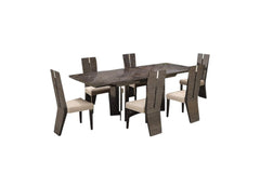 Seven Piece Gray Dining Set with six stylish chairs featuring a sleek table and modern design. Ideal for dining spaces.