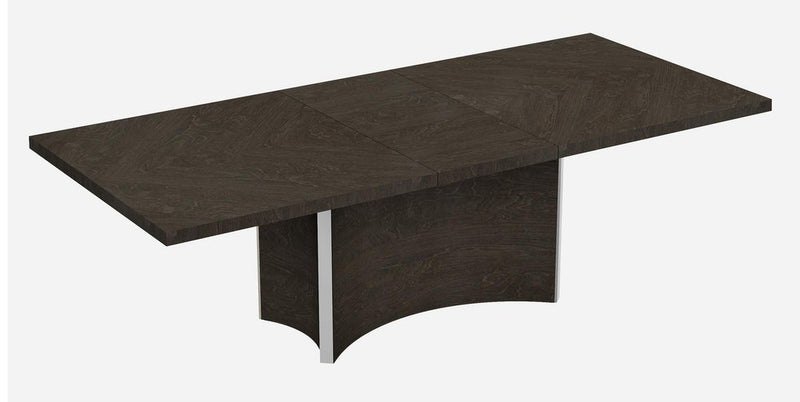 Gray solid wood dining table with a modern design, featuring a unique base and expandable top. Ideal for dining sets.