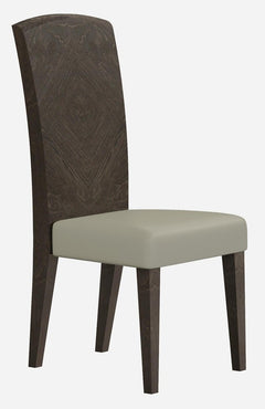 Gray solid wood dining chair with a tall back and light-colored upholstered seat, part of a seven-piece dining set.