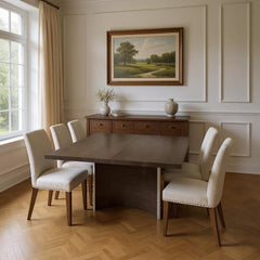 Seven Piece Gray Solid Wood Dining Set with Six Chairs featuring a rectangular table and upholstered chairs in a bright room.