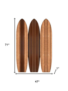 Three-panel room divider made of brown wood, measuring 71" tall and 47" wide, featuring a sleek, modern design.