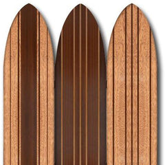 Brown wood folding three panel screen room divider with a sleek design and smooth finish, featuring vertical stripes on each 