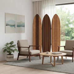 71" Brown Wood Folding Three Panel Screen Room Divider in a modern living room with two chairs and a round table.