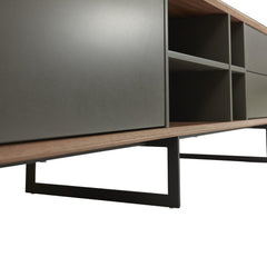 Gray solid and manufactured wood TV stand with enclosed storage and open shelves, featuring a modern design and metal legs.