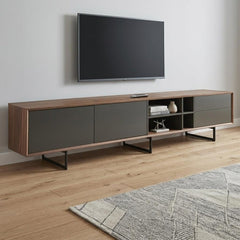 94" gray solid and manufactured wood TV stand with enclosed storage and open shelving, featuring a modern design and metal le