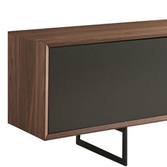 94" Gray Solid and Manufactured Wood Enclosed and Open Storage TV Stand with a sleek design and modern black accents.