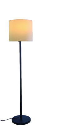 60" black and white floor lamp with a white fabric drum shade and a sleek black base. Ideal for modern decor.