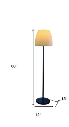 60" black and white metal floor lamp with a white bowl shade, featuring a sleek design and a round base.