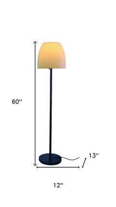 60" black and white metal floor lamp featuring a white bowl shade, with dimensions of 60" height, 12" base diameter, and 13" 