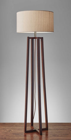 60" Brown Solid Wood Novelty Floor Lamp With Beige Fabric Drum Shade