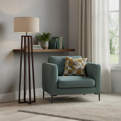 60" Brown Solid Wood Novelty Floor Lamp With Beige Fabric Drum Shade
