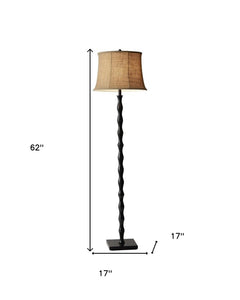 62" brown and black floor lamp with a beige burlap shade, featuring a twisted design and a square base. Dimensions: 62" H x 1