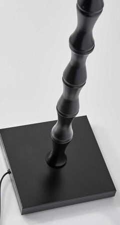 62" brown and black floor lamp base with a textured design, featuring a square black metal base and beige burlap shade.