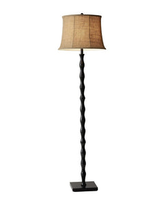 62" brown and black floor lamp with a beige burlap shade, featuring a textured, twisted pole design and a square base.