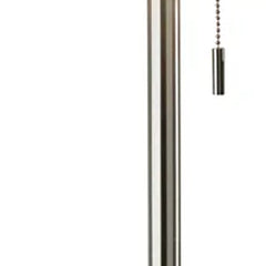 Silver floor lamp with a sleek design, featuring a white fabric drum shade and a pull chain for easy operation.