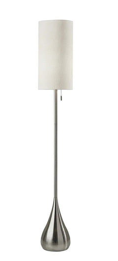 68" silver floor lamp with a sleek design and a white fabric drum shade, featuring a pull chain for easy operation.
