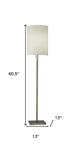 61" Brass Metal Floor Lamp With White Fabric Cylinder Shade
