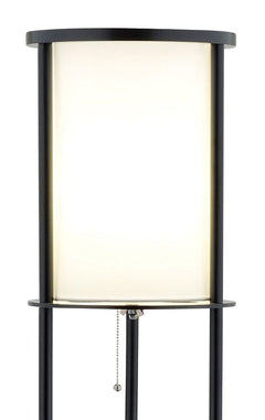 63" Black Wood Column Floor Lamp With White Fabric Cylinder Shade