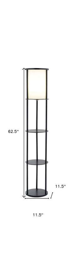 63" Black Wood Column Floor Lamp With White Fabric Cylinder Shade