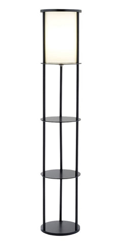 63" Black Wood Column Floor Lamp With White Fabric Cylinder Shade