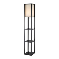 72" black and white solid wood column floor lamp with a white cotton shade and open shelving design.
