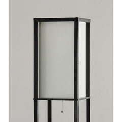 72" black and white solid wood column lamp with a white cotton shade and pull chain for easy operation.