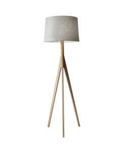 59" Natural Solid Wood Tripod Floor Lamp with a gray fabric empire shade, featuring a minimalist design and sturdy wooden leg