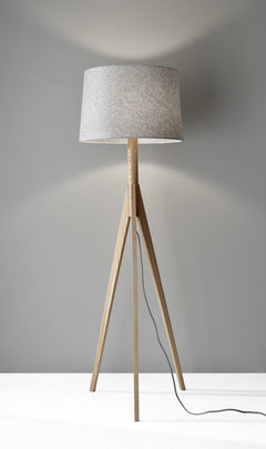 59" Natural Solid Wood Tripod Floor Lamp with a gray fabric empire shade, featuring three wooden legs and a stylish design.