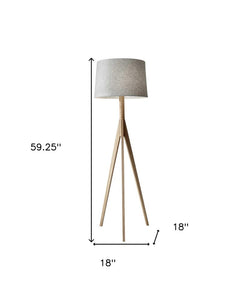 59" natural solid wood tripod floor lamp with gray fabric empire shade, featuring a modern design and clean lines.