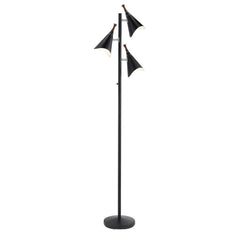 68" Black Three Light Tree Floor Lamp With Black Metal Cone Shade