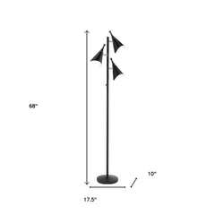 68" Black Three Light Tree Floor Lamp With Black Metal Cone Shade
