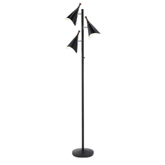 68" black three-light tree floor lamp with black metal cone shades and a sturdy base, featuring a modern design.