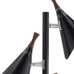 68" Black Three Light Tree Floor Lamp featuring black metal cone shades and wooden accents on a sleek pole.