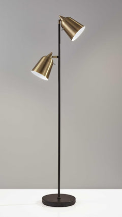 58" black two-light task floor lamp with antiqued brass metal cone shades and a sturdy round base. Ideal for focused lighting
