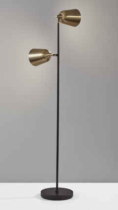 58" Black Two Light Task Floor Lamp With Antiqued Brass Metal Cone Shade