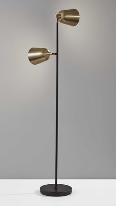 58" black floor lamp with two adjustable antiqued brass cone shades and a round base, perfect for task lighting.
