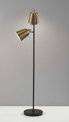 58" black two-light task floor lamp with antiqued brass metal cone shades and a sleek black base. Ideal for modern decor.