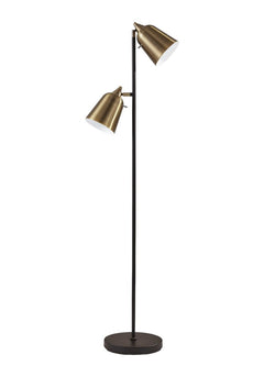 58" black two-light task floor lamp with antiqued brass metal cone shades and a round base. Stylish and functional lighting s