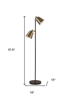 58" Black Two Light Task Floor Lamp with Antiqued Brass Metal Cone Shade featuring a sleek design and adjustable shades.