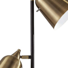 Black two-light task floor lamp featuring an antiqued brass metal cone shade, sleek design with a modern aesthetic.