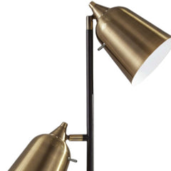 58" Black Two Light Task Floor Lamp featuring antiqued brass metal cone shades and a sleek black base.