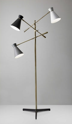 71" Brass Metal Novelty Floor Lamp with three adjustable black and white cone shades and a sleek tripod base.